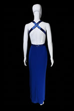 Load image into Gallery viewer, A white mannequin wearing a bright royal blue sleeveless dress with a crisscross back strap.
