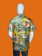 Load image into Gallery viewer, A short-sleeve Hawaiian-style shirt with a colorful tropical beach print, displayed on a white mannequin from the back against a black background.
