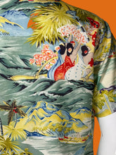 Load image into Gallery viewer, A close-up of a tropical-themed fabric featuring a vintage-style illustration of women in red and white garments amidst green mountains, palm trees, and blue water elements.
