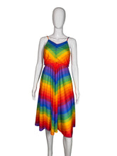 Load image into Gallery viewer, Rainbow striped dress on a mannequin against a plain background
