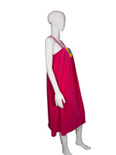 Load image into Gallery viewer, Pink velour dress with colorful semi-circular design on a mannequin against a plain background

