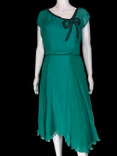 Load image into Gallery viewer, A teal Helen Rose midi dress with a ribbon detail at the collar displayed on a white mannequin.
