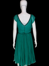 Load image into Gallery viewer, A teal Helen Rose midi dress with a ribbon detail at the collar displayed on a white mannequin.
