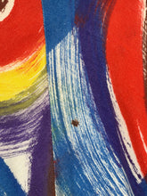 Load image into Gallery viewer, A close-up of a small stain on a colorful abstract fabric pattern with broad brushstrokes in red, blue, purple, yellow, and white.
