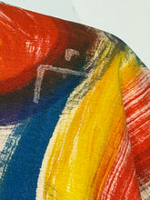 Load image into Gallery viewer, A close-up of visible stitching on a colorful abstract printed fabric.
