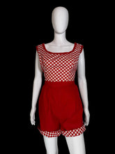 Load image into Gallery viewer, Red and white 1950's checkered sleeveless two piece set with shorts and a cropped tank top displayed on a white mannequin.
