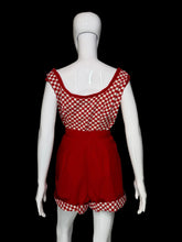 Load image into Gallery viewer, Red and white 1950's checkered sleeveless two piece set with shorts and a cropped tank top displayed on a white mannequin.
