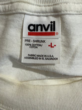 Load image into Gallery viewer, Close-up of a white cotton neck label inside a t-shirt collar, showing the brand name 'anvil' and product details including 'PRE - SHRUNK 100% COTTON'.
