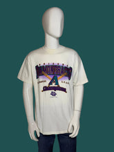 Load image into Gallery viewer, A vintage white short-sleeve t-shirt with a purple and blue 'Arizona Diamondbacks National League Champions' graphic, displayed on a white mannequin.
