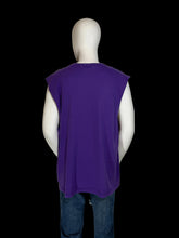 Load image into Gallery viewer, A purple sleeveless muscle tank top displayed on a white mannequin from the back.
