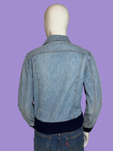 Load image into Gallery viewer, A light blue denim jacket with dark navy ribbed trim at the collar, cuffs, and hem, displayed on a white mannequin shown from the back.
