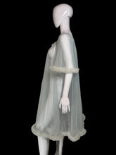 Load image into Gallery viewer, A sheer, light blue tulle mesh robe with swiss dots all over, a tie-neck detail and ruffled trim, displayed on a white mannequin.
