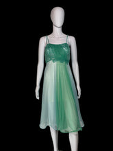 Load image into Gallery viewer, A two-tone green sheer mesh nightgown with a lace bodice and thin spaghetti straps, displayed on a white mannequin.
