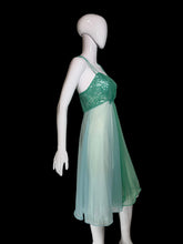Load image into Gallery viewer, A two-tone green sheer mesh nightgown with a lace bodice and thin spaghetti straps, displayed on a white mannequin.
