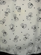 Load image into Gallery viewer, A close-up of a fabric surface with a repeating black line-art print of small cats and scattered star-like dots on an off-white background.
