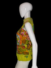 Load image into Gallery viewer, A sleeveless blousewith a colorful vintage illustrated print, displayed on a white mannequin.
