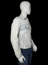 Load image into Gallery viewer, A light-wash denim jacket displayed on a white mannequin torso.
