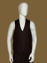 Load image into Gallery viewer, A dark brown pinstriped vest and matching trousers displayed on a white mannequin. 
