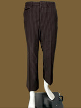Load image into Gallery viewer, Dark brown pinstriped trousers displayed on a white mannequin.
