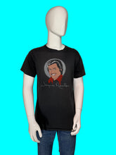 Load image into Gallery viewer, A black short-sleeve graphic t-shirt displayed on a white mannequin torso, featuring a cartoon portrait of Wayne Newton with the text 'Wayne Newton' below. The mannequin is also wearing blue jeans.
