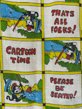 Load image into Gallery viewer, Vintage woven textile featuring a six-panel cartoon print with the words 'THATS ALL FOLKS!', 'CARTOON TIME', and 'PLEASE BE SEATED!' in red lettering.
