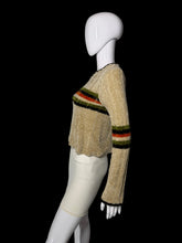 Load image into Gallery viewer, A cropped knit sweater in a textured beige fabric with horizontal stripes in green, orange, and black, displayed on a white mannequin.
