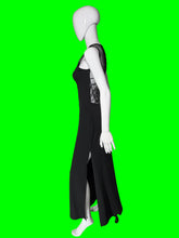 Load image into Gallery viewer, A black sleeveless maxi dress with a sheer back covered in a spiderweb print shown on a white mannequin from the side. 
