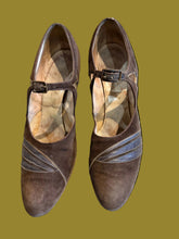 Load image into Gallery viewer, A pair of 1920s brown heels matching the previous set. 
