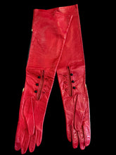 Load image into Gallery viewer, A pair of long red leather glove. The gloves feature decorative black buttons and lace-up details on the back of the hands.
