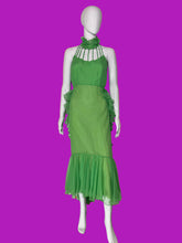 Load image into Gallery viewer, A bright green halter-neck midi dress with ruffle details, displayed on a white mannequin.

