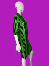 Load image into Gallery viewer, A green and black vertically striped dress displayed on a white mannequin.
