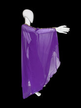 Load image into Gallery viewer, A purple sheer maxi dress with a high embroidered neckline and long draped sleeves, displayed on a white mannequin.
