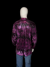 Load image into Gallery viewer, 1990s black long sleeve metallic button up with purple flames shown on a white mannequin shown from the back.
