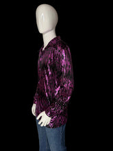 Load image into Gallery viewer, 1990s black long sleeve metallic button up with purple flames shown on a white mannequin.
