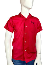 Load image into Gallery viewer, Red short-sleeve shirt with &#39;Troy&#39; logo on a mannequin against a gray background
