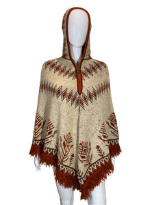 1970's Boho Knit Fringe Poncho One Size