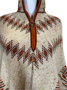 1970's Boho Knit Fringe Poncho One Size