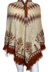 1970's Boho Knit Fringe Poncho One Size