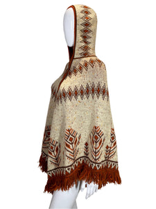 1970's Boho Knit Fringe Poncho One Size