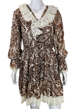 Load image into Gallery viewer, 1970&#39;s Brown and White Paisley Ruffle Mini Dress Size S/M
