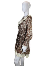 Load image into Gallery viewer, 1970&#39;s Brown and White Paisley Ruffle Mini Dress Size S/M
