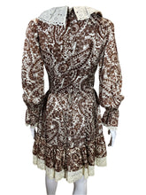 Load image into Gallery viewer, 1970&#39;s Brown and White Paisley Ruffle Mini Dress Size S/M
