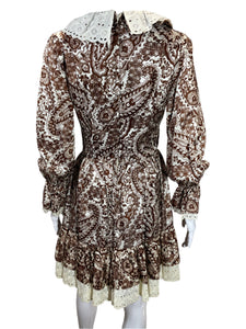 1970's Brown and White Paisley Ruffle Mini Dress Size S/M