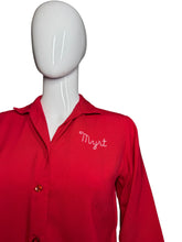 Load image into Gallery viewer, Red shirt with &#39;Myrt&#39; embroidery on a mannequin against a gray background
