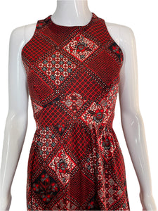 1970's Red and Black Patchwork Print Dress Size S