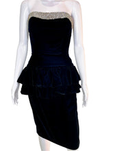 Load image into Gallery viewer, 1980&#39;s Black Velvet and Rhinestone Lillie Rubin Cocktail Dress Size S
