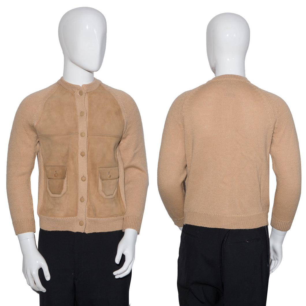 1970's Tan Italian Wool & Suede Cardigan - Size S/M