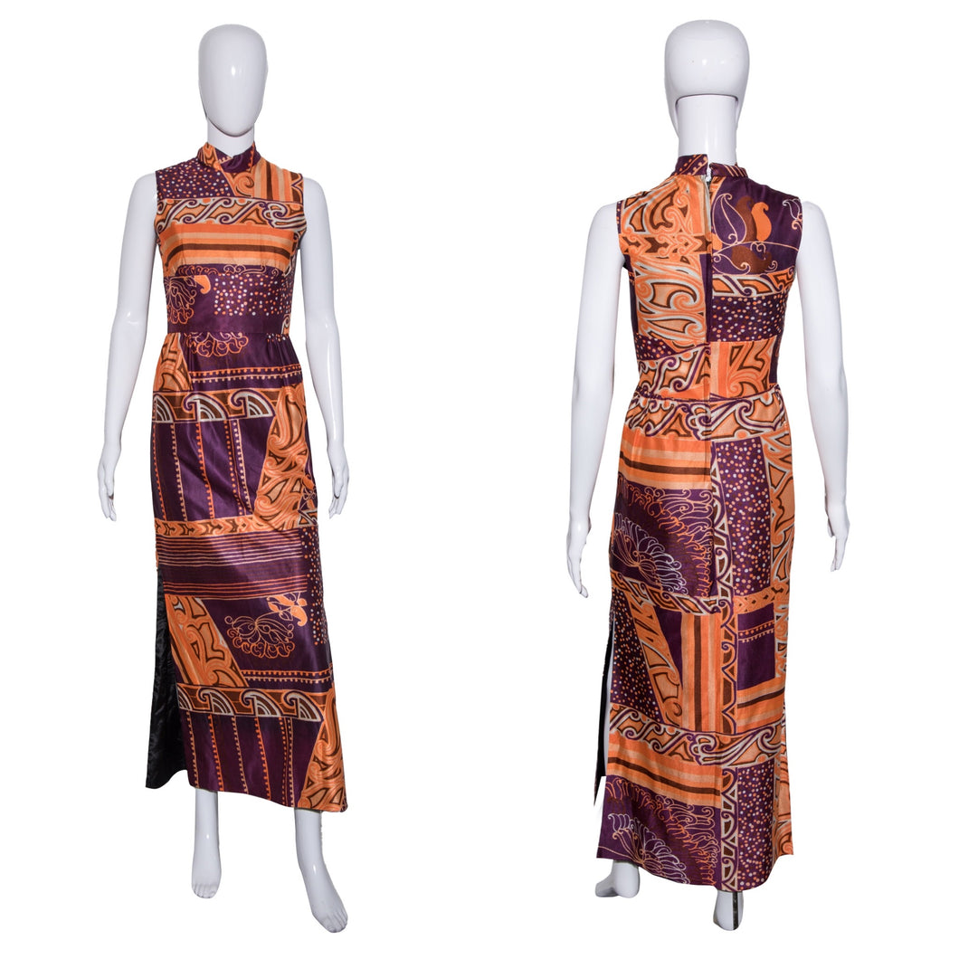 1970's Purple and Orange Psychedelic Maxi Dress - Size S