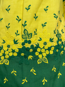 1960's Yellow and Green Colorblock Embroidered Mini Dress SIze S