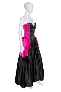 1980's Pink and Black Strapless Satin Gunne Sax Gown - Size M